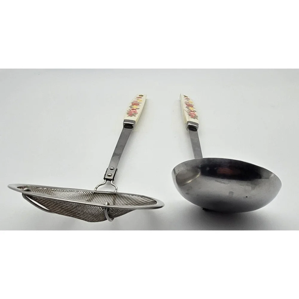 Vintage‎ Japan Stainless Floral Handle Kitchen Utensils Set Ladle Strainer